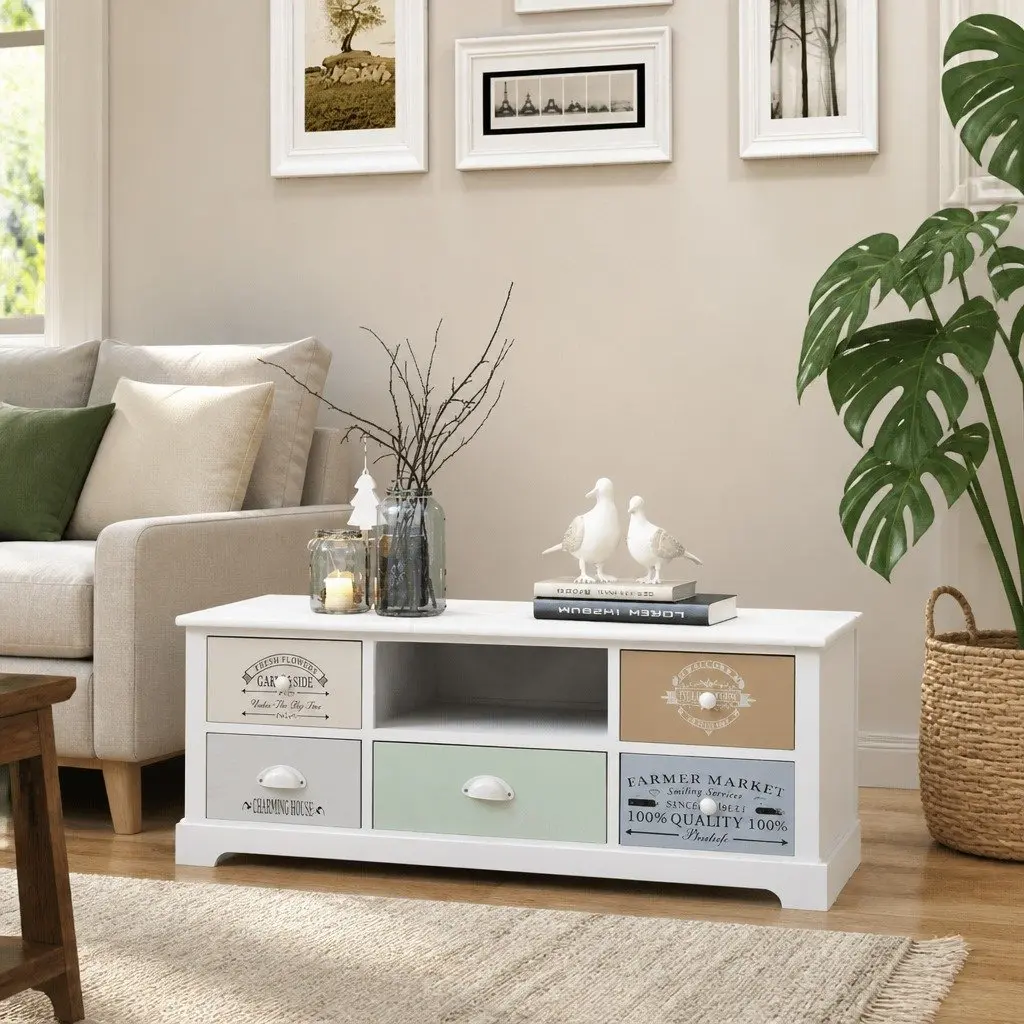French Country TV Cabinet Wood Hi-Fi Stand Lowboard 5 Drawers Storage White