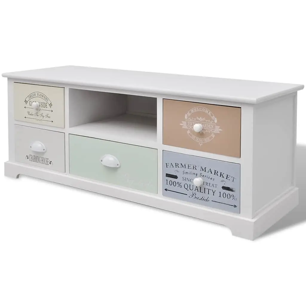 French Country TV Cabinet Wood Hi-Fi Stand Lowboard 5 Drawers Storage White