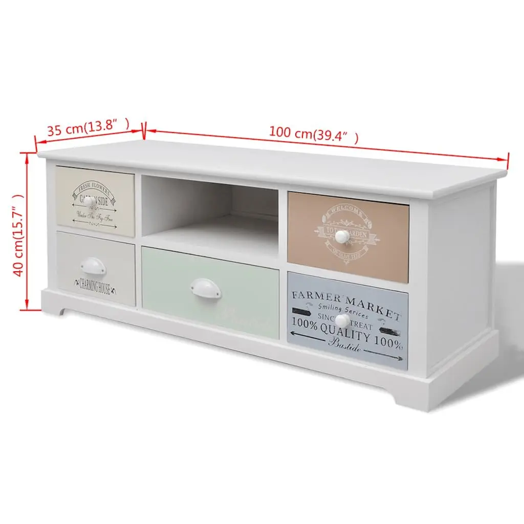 French Country TV Cabinet Wood Hi-Fi Stand Lowboard 5 Drawers Storage White