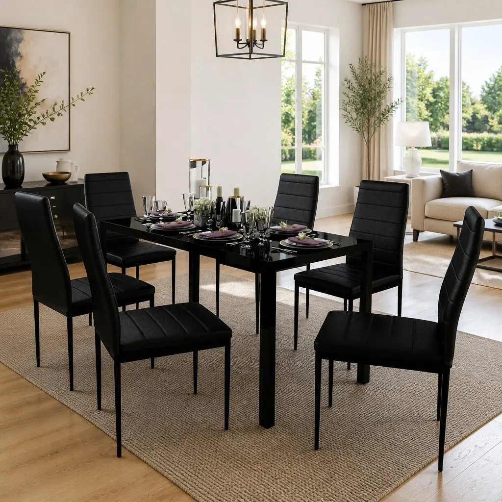 Black Dining Table Set 7 Piece Modern Kitchen Furniture Glass Table with 6