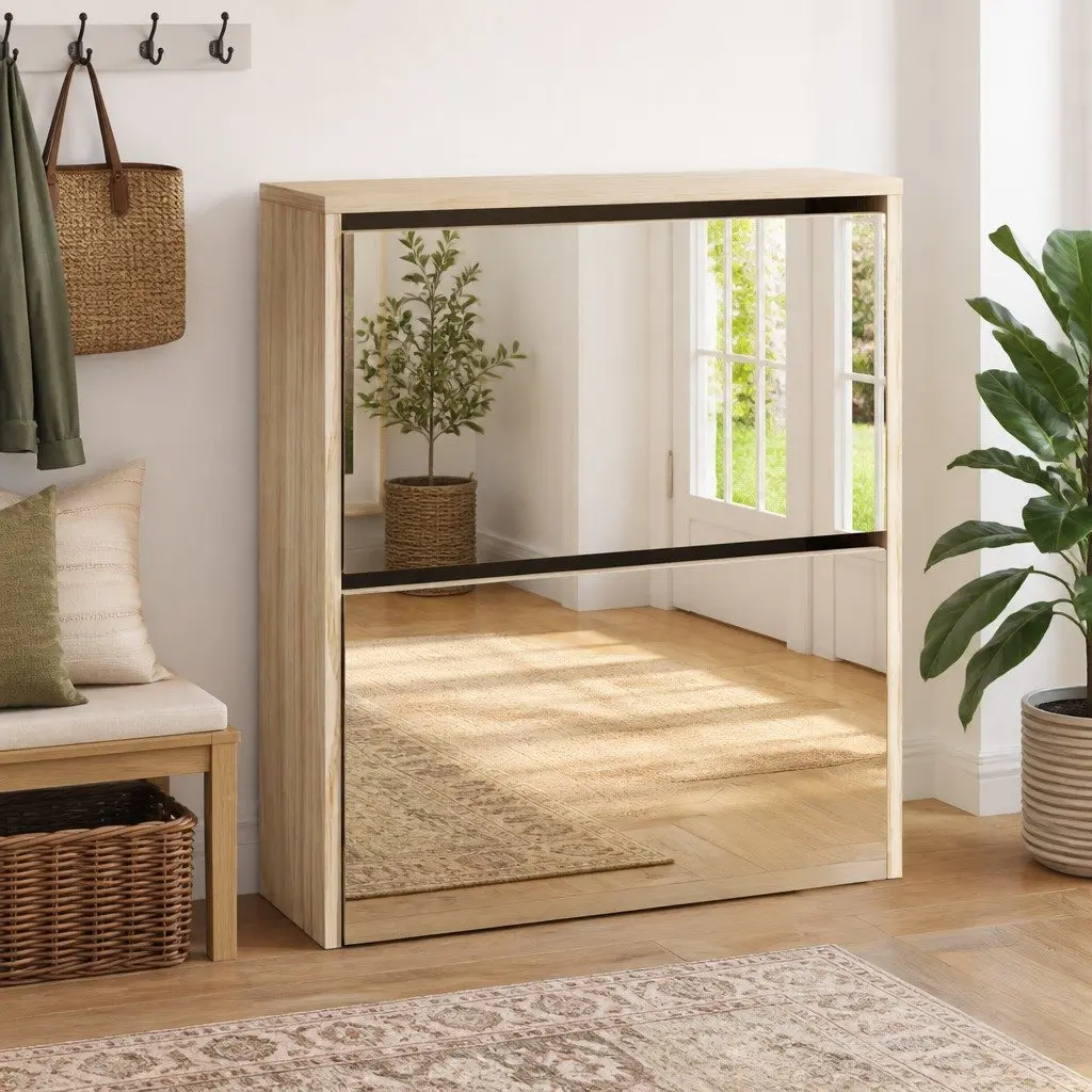 Shoe Cabinet Brown 2-Layer Wall Mounted Organiser with Mirror