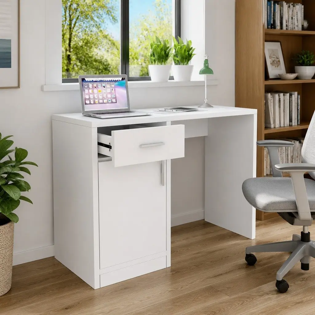 White Desk 100cm with Drawer and Cabinet Modern Office Study Bedroom Furniture
