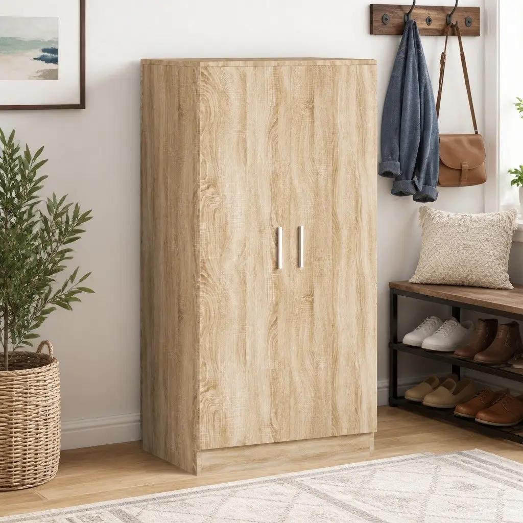 Shoe Cabinet Brown Wooden 7 Compartment Storage Organiser with 2 Doors