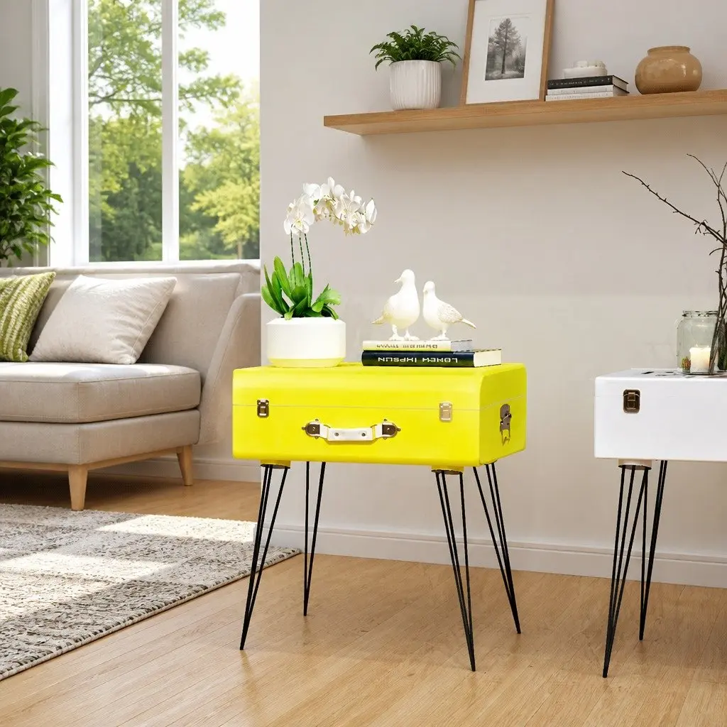 Bedside Table Yellow Vintage Suitcase Style Storage Organiser