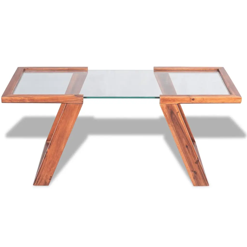 Coffee Table Brown 100 x 50 x 40 cm Tempered Glass Top Solid Wood Base