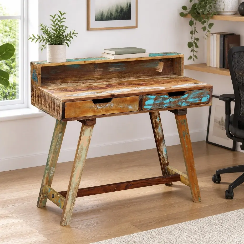Desk Multicolour Solid Reclaimed Wood Vintage Style with Two Drawers