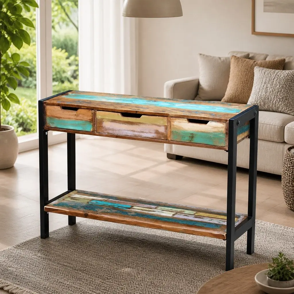 Wooden Sideboard Multicolour 3 Drawers Solid Reclaimed Wood Storage Cabinet Console Table