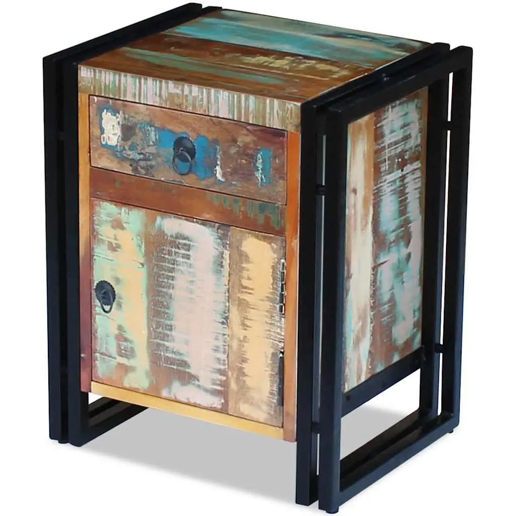 Bedside Cabinet Multicolour Vintage Style Solid Reclaimed Wood with Steel Frame 1 Drawer 1 Door Compartment
