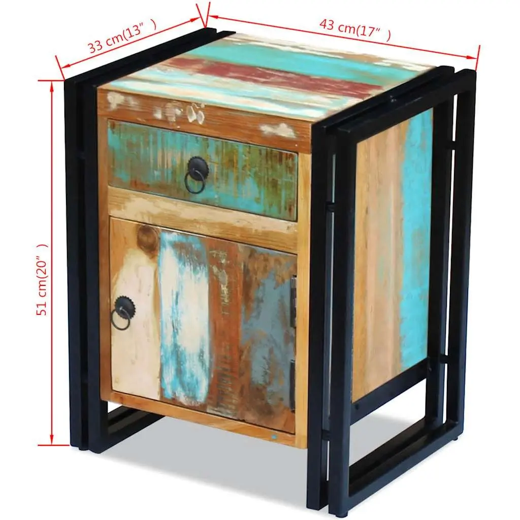 Bedside Cabinet Multicolour Vintage Style Solid Reclaimed Wood with Steel Frame 1 Drawer 1 Door Compartment
