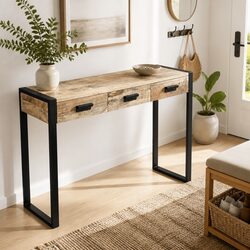 Console Table with 3 Drawers Solid Mango Wood Industrial Style End Table
