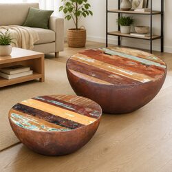 2-Piece Bowl Shaped Coffee Table Set in Solid Wood