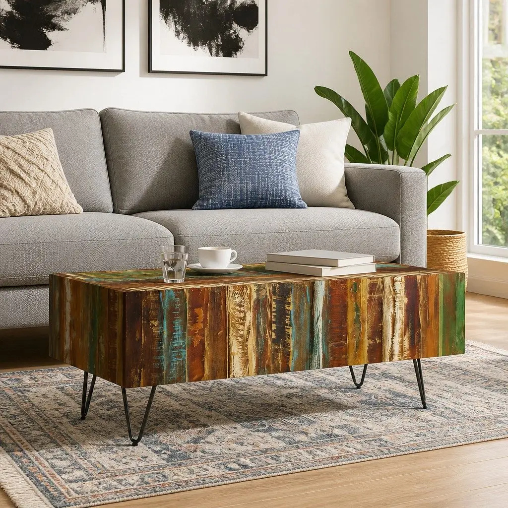 Coffee Table Multicolour Solid Reclaimed Wood Handmade Retro Style