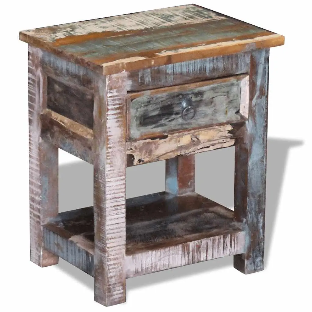 End Table Multicolour Solid Reclaimed Wood One Drawer Retro Style Nightstand