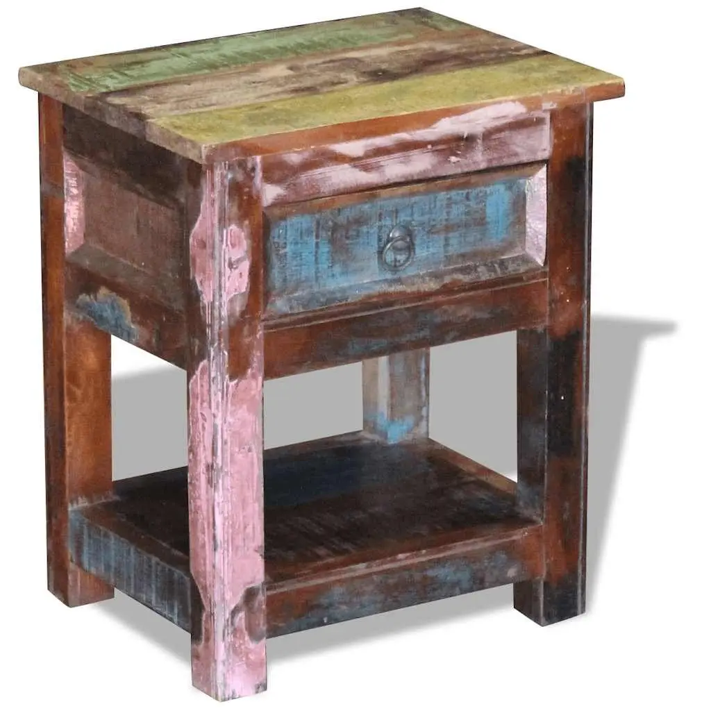 End Table Multicolour Solid Reclaimed Wood One Drawer Retro Style Nightstand