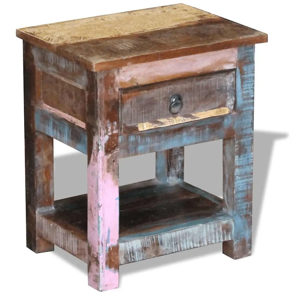 End Table Multicolour Solid Reclaimed Wood One Drawer Retro Style Nightstand