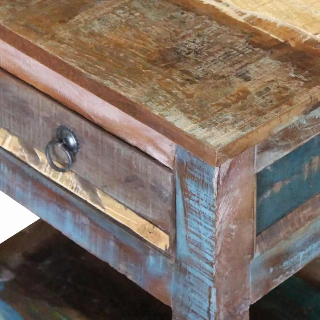 End Table Multicolour Solid Reclaimed Wood One Drawer Retro Style Nightstand