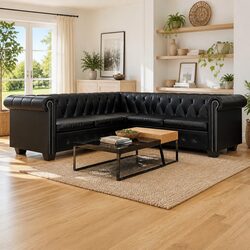 Corner Sofa 5-Seater Chesterfield Style Black Artificial Leather Tufted Curved