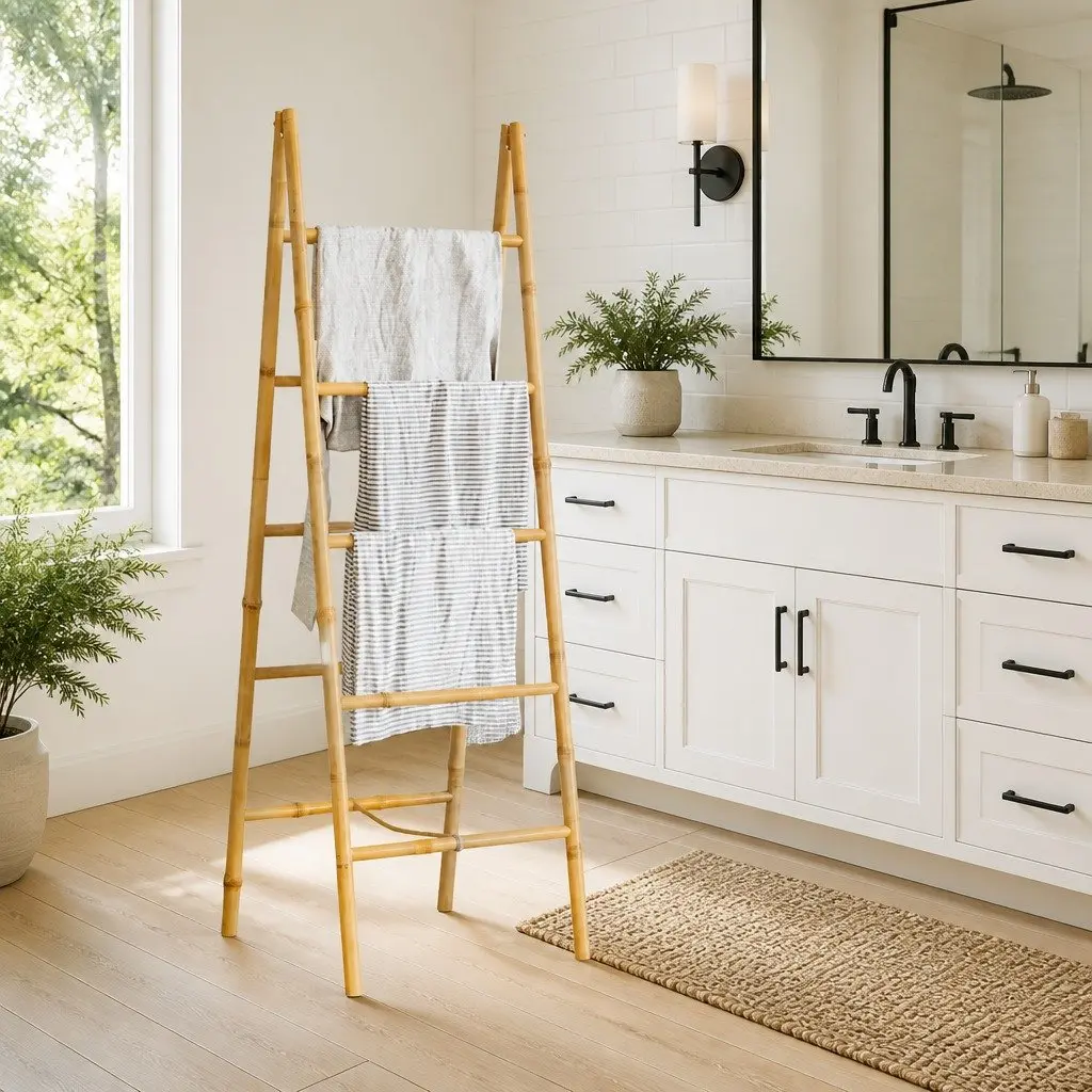Double Towel Ladder Brown 50x160cm Bamboo 5 Rungs