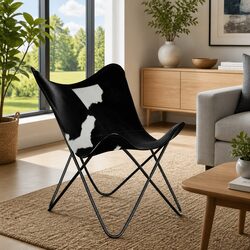 Butterfly Chair Black Real Cowhide Leather Armchair Accent Lounge Seating