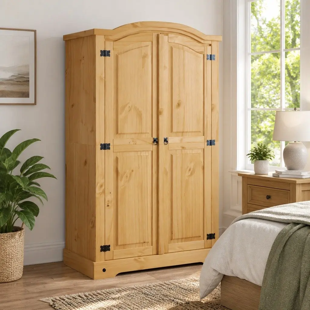 Wooden Wardrobe Brown 2 Doors Mexican Corona Style Solid Pine with Domed Top and Black Metal Detailing