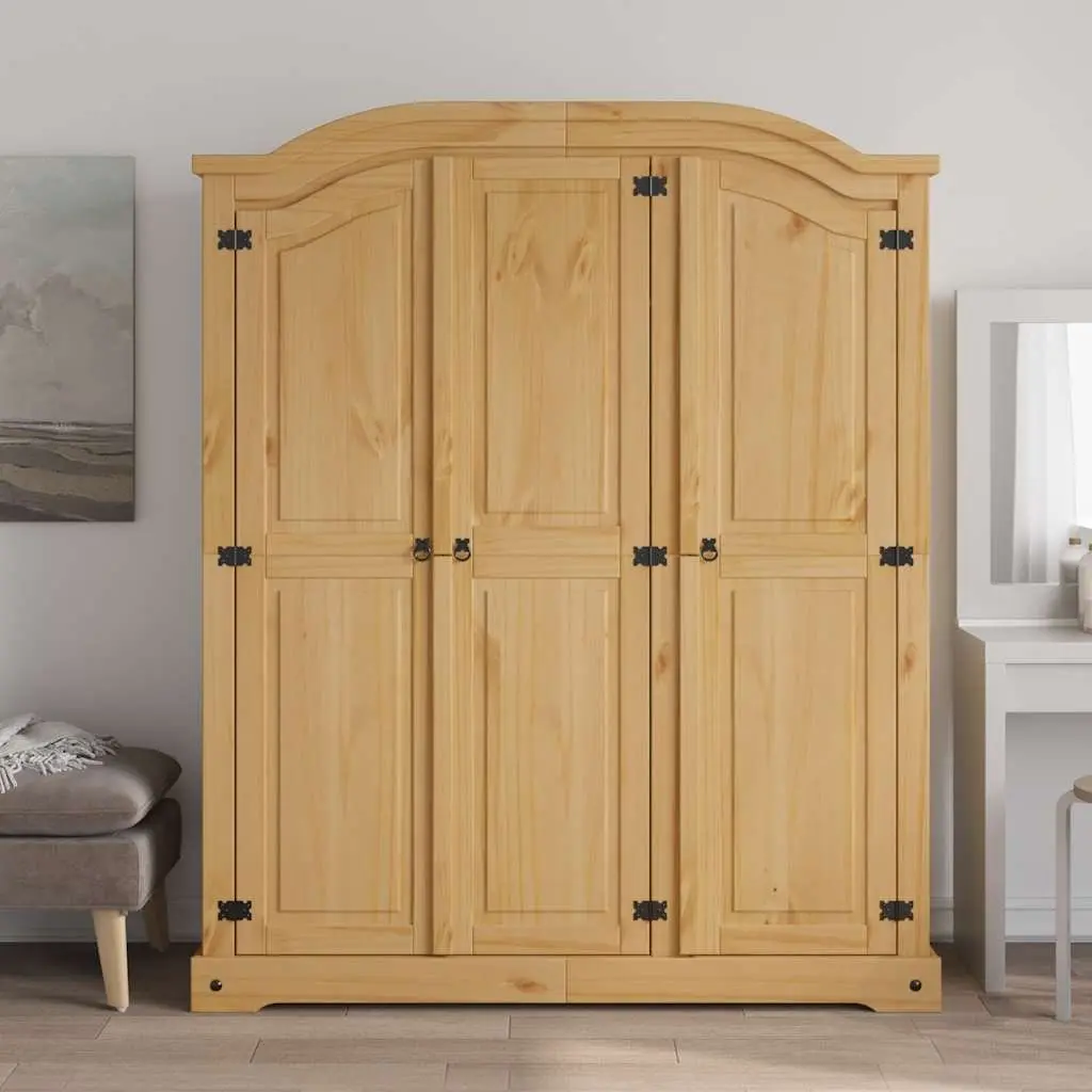 Wooden Wardrobe Cabinet Brown 3 Door Pine Mexican Corona Style with Shelving and Hanging Storage