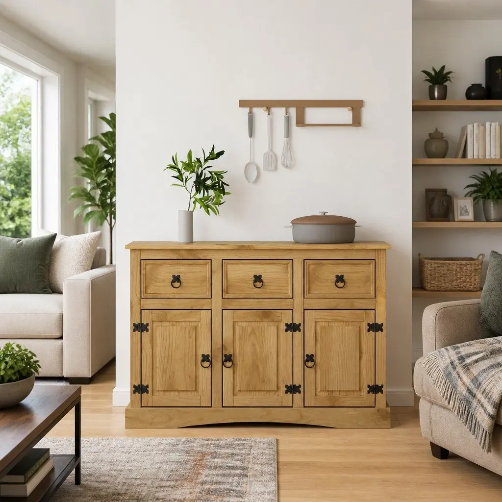 Sideboard Brown Solid Pinewood 3 Doors Multiple Drawers Compartments