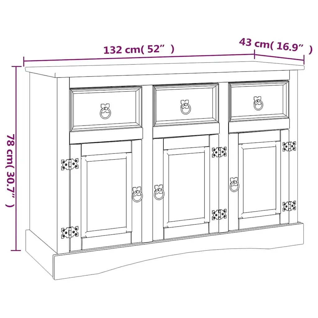 Sideboard Brown Solid Pinewood 3 Doors Multiple Drawers Compartments
