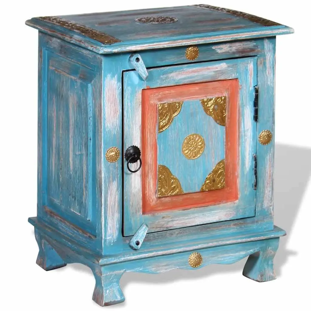 Bedside Table Blue Solid Mango Wood Indian Style Cabinet with Pull Handle and Latch Closure