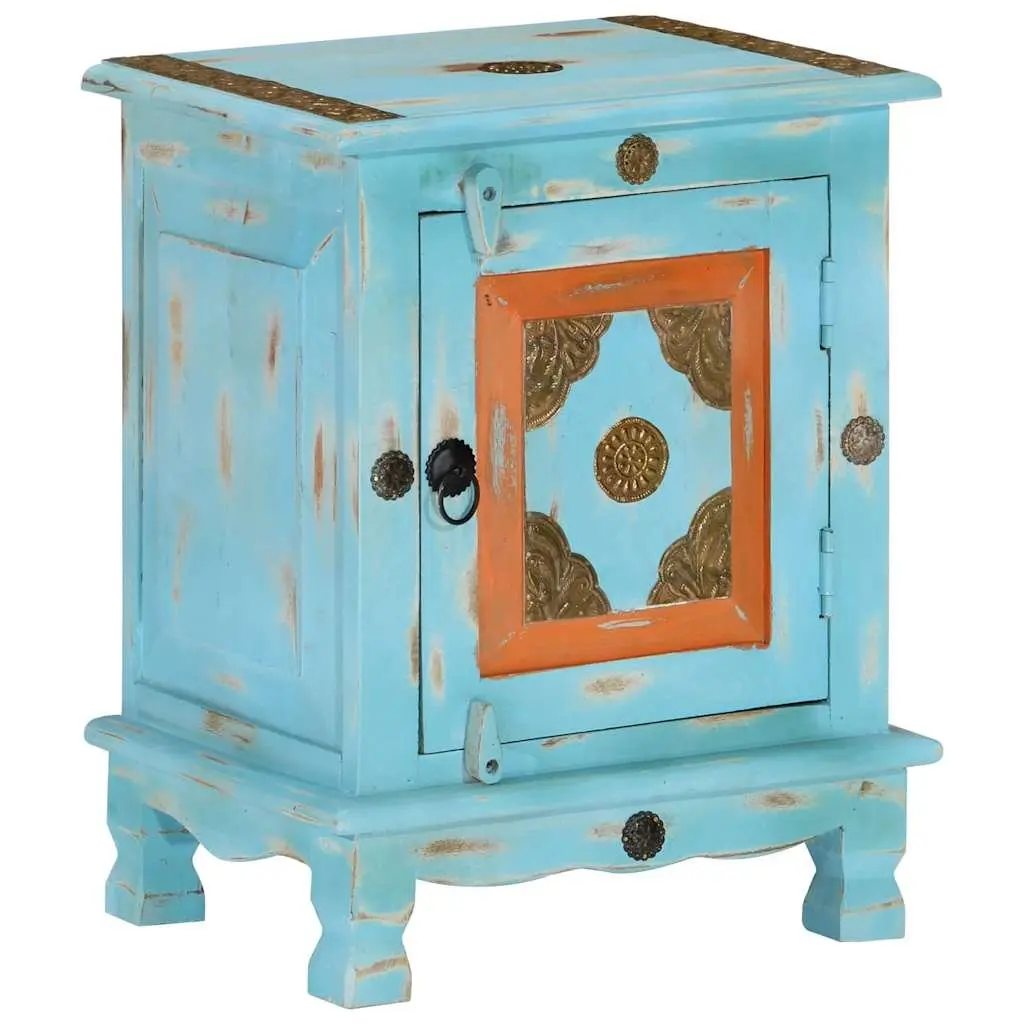 Bedside Table Blue Solid Mango Wood Indian Style Cabinet with Pull Handle and Latch Closure