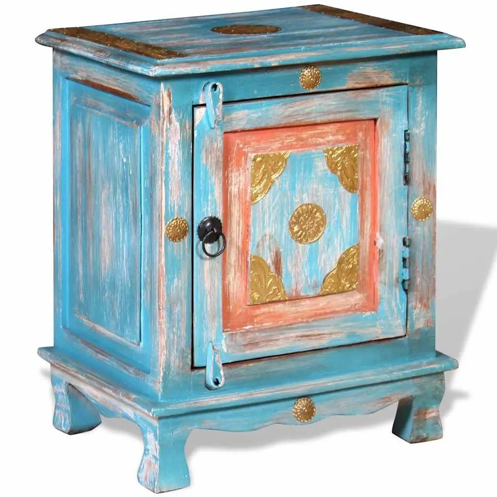 Bedside Table Blue Solid Mango Wood Indian Style Cabinet with Pull Handle and Latch Closure