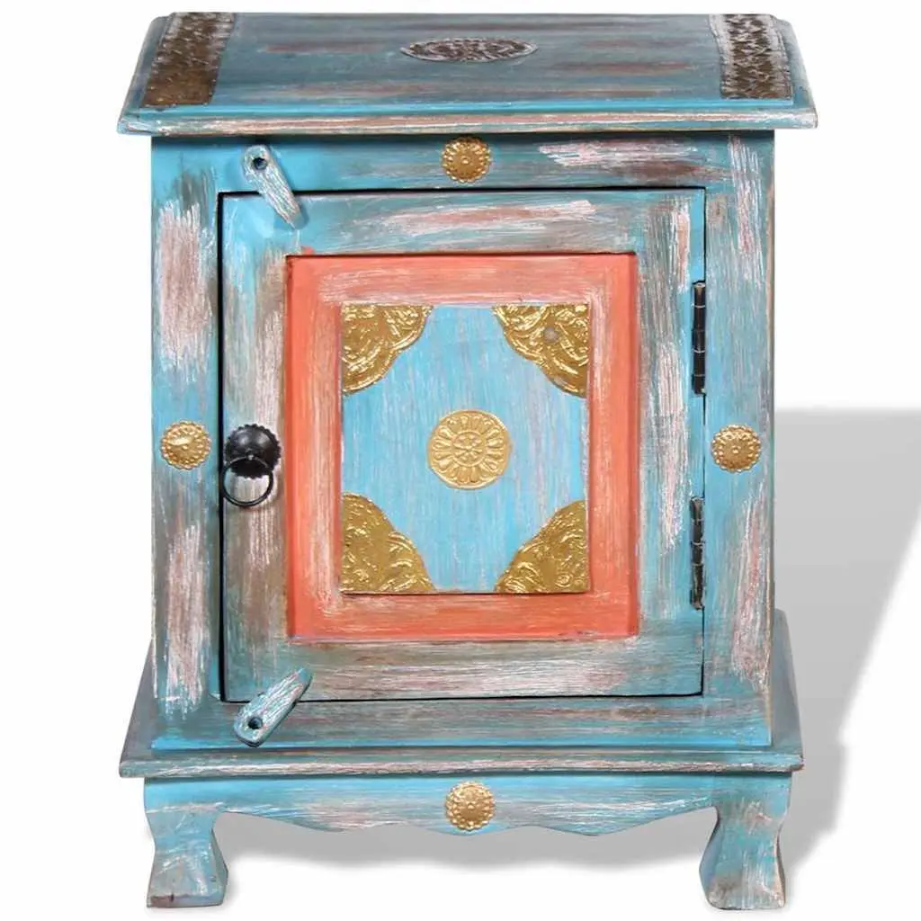 Bedside Table Blue Solid Mango Wood Indian Style Cabinet with Pull Handle and Latch Closure