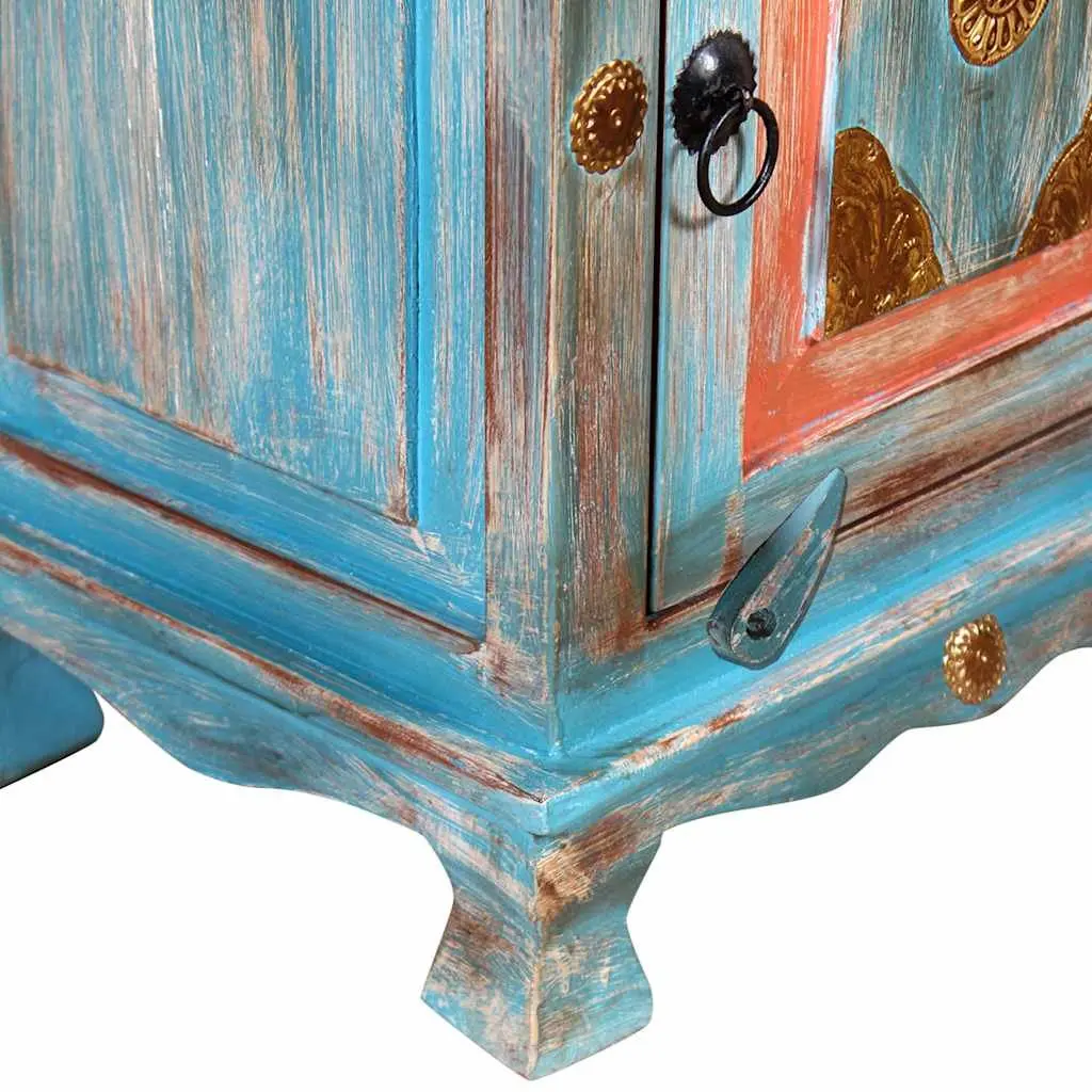 Bedside Table Blue Solid Mango Wood Indian Style Cabinet with Pull Handle and Latch Closure