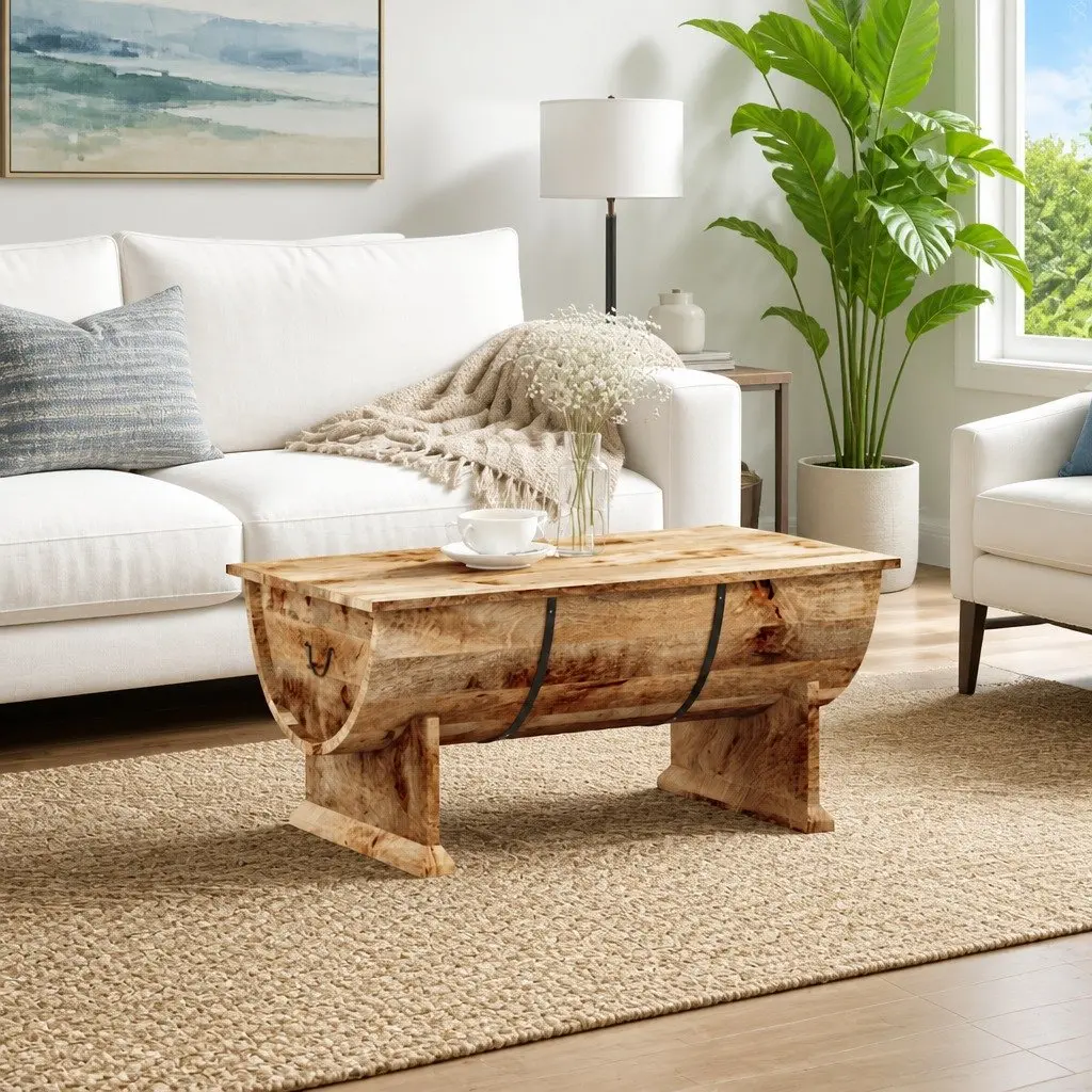 Solid Mango Wood Coffee Table Handmade Vintage Brown Accent Living Room
