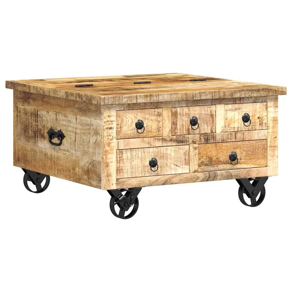 Industrial Coffee Table Brown 70 x 70 x 40 cm Solid Mango Wood 5 Drawers Iron Wheels