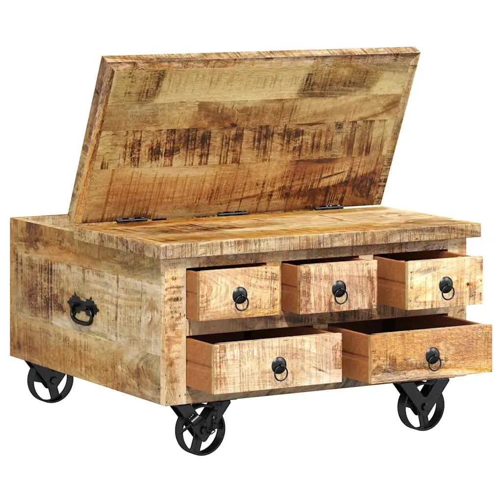 Industrial Coffee Table Brown 70 x 70 x 40 cm Solid Mango Wood 5 Drawers Iron Wheels