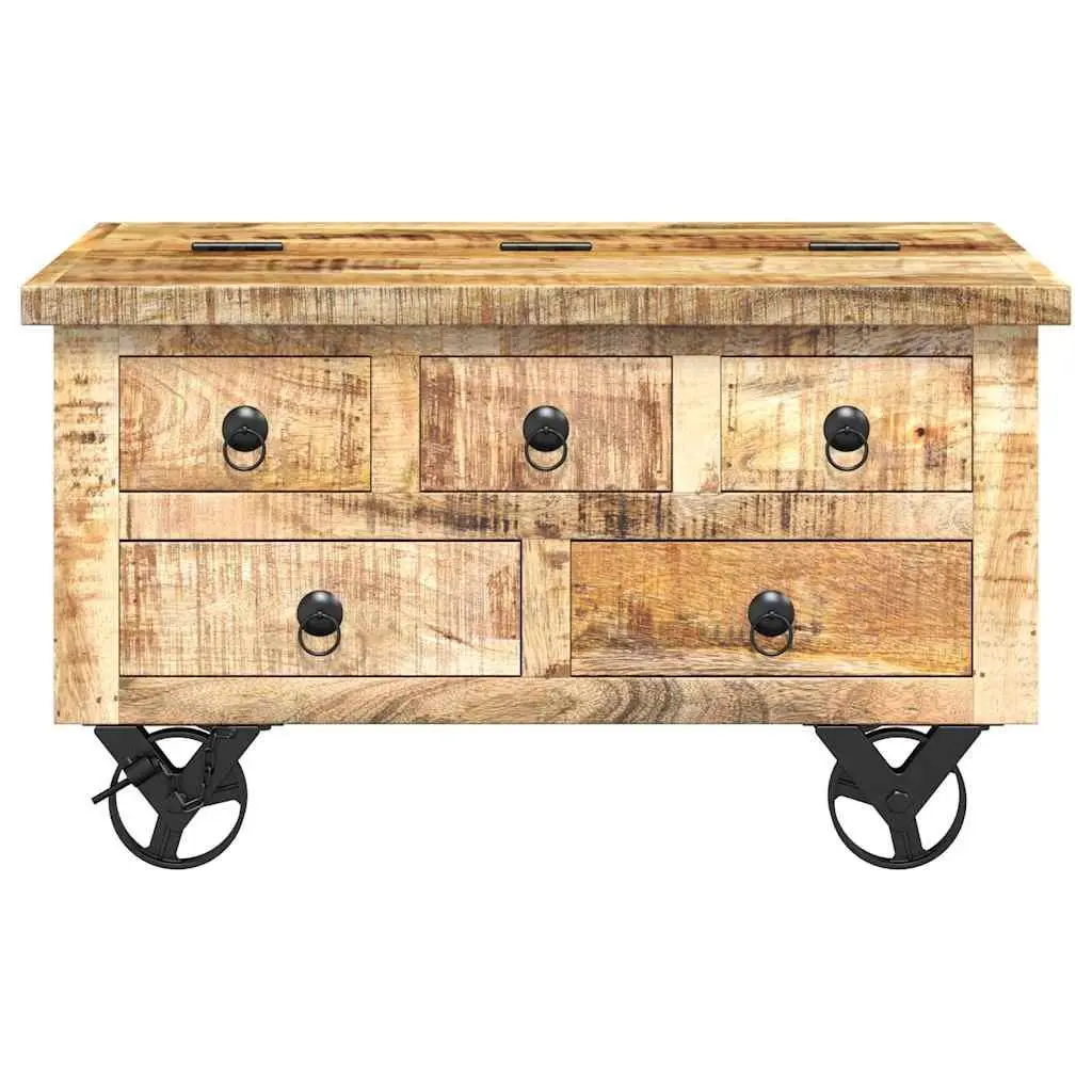 Industrial Coffee Table Brown 70 x 70 x 40 cm Solid Mango Wood 5 Drawers Iron Wheels