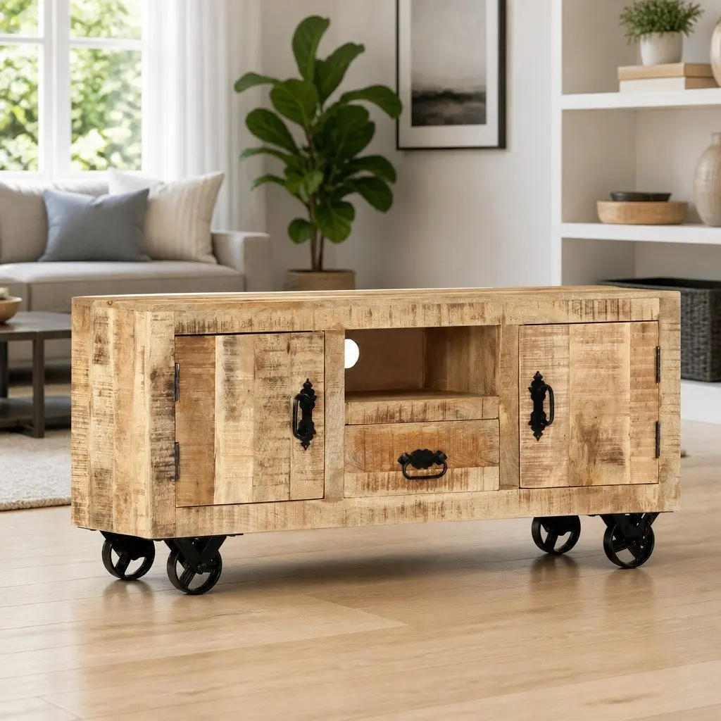 Wooden TV Cabinet Brown 110cm Industrial Style Rough Mango with Wheels
