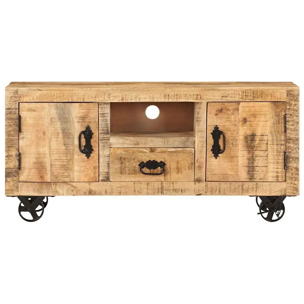Wooden TV Cabinet Brown 110cm Industrial Style Rough Mango with Wheels