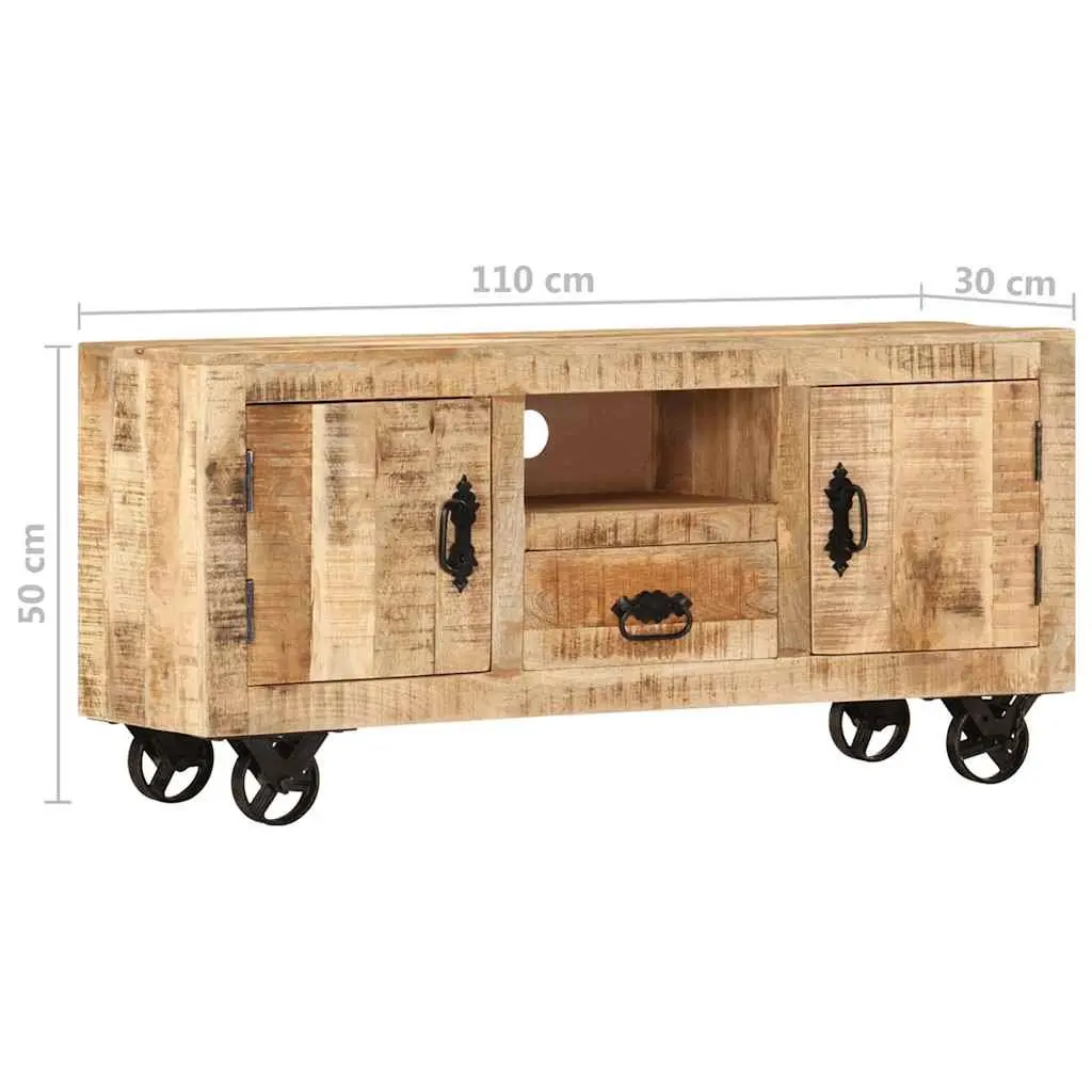 Wooden TV Cabinet Brown 110cm Industrial Style Rough Mango with Wheels