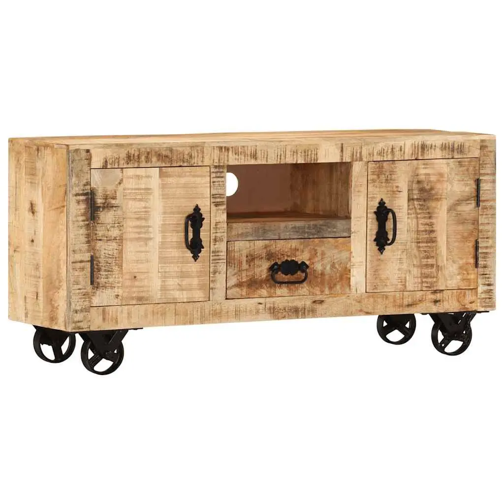 Wooden TV Cabinet Brown 110cm Industrial Style Rough Mango with Wheels