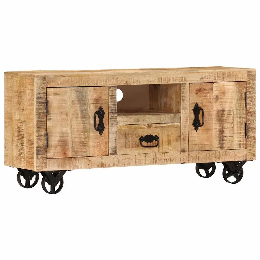 Wooden TV Cabinet Brown 110cm Industrial Style Rough Mango with Wheels