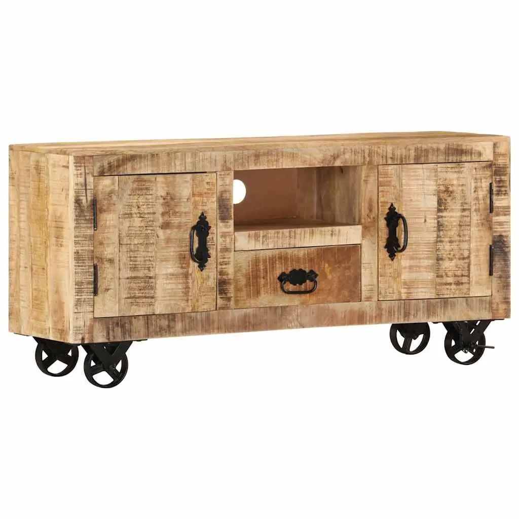 Wooden TV Cabinet Brown 110cm Industrial Style Rough Mango with Wheels