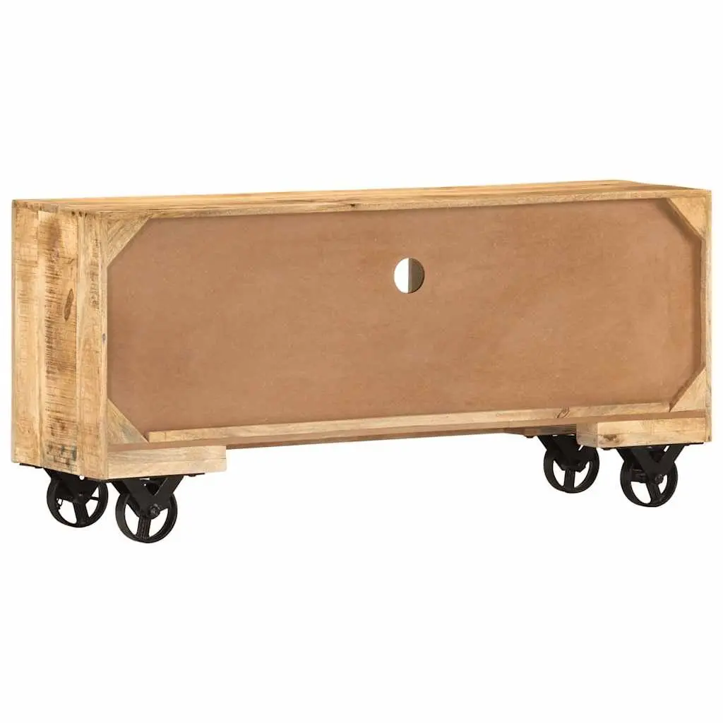 Wooden TV Cabinet Brown 110cm Industrial Style Rough Mango with Wheels