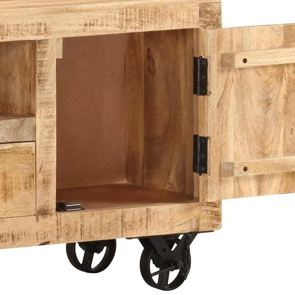 Wooden TV Cabinet Brown 110cm Industrial Style Rough Mango with Wheels