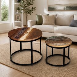 Coffee Table Set 2 Pieces Round Industrial Vintage Reclaimed Wood Living Room