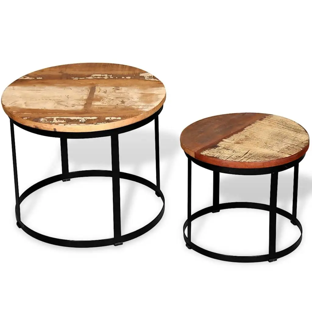 Coffee Table Set Brown 2 Pieces Round Industrial Vintage Reclaimed Wood