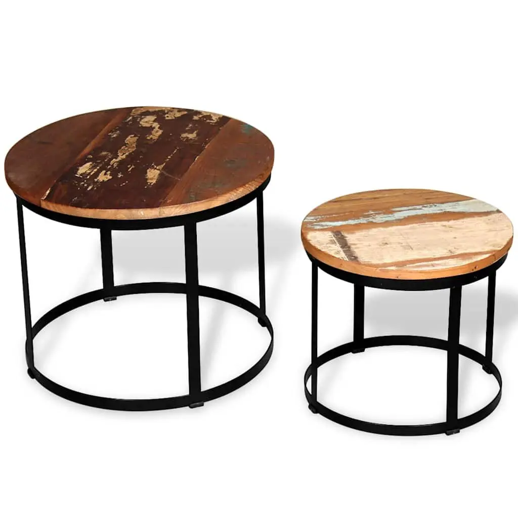 Coffee Table Set Brown 2 Pieces Round Industrial Vintage Reclaimed Wood