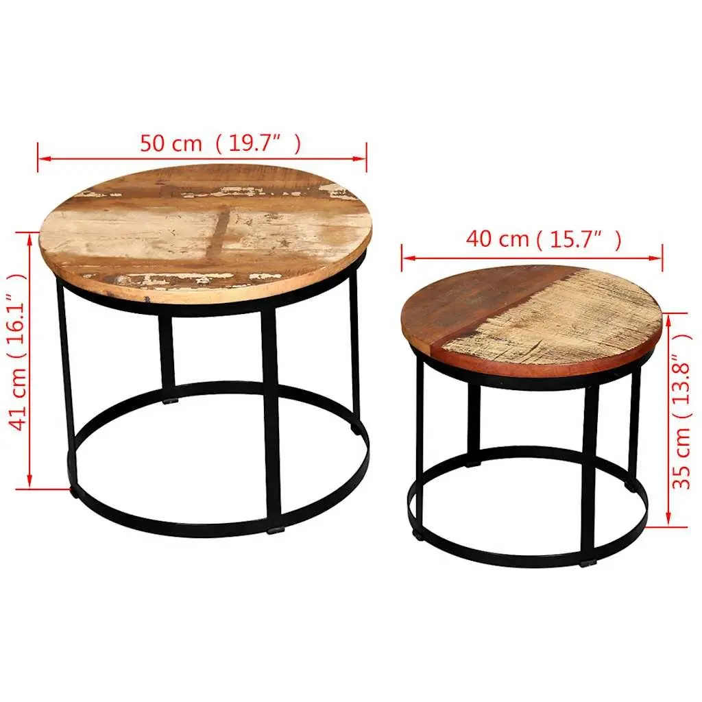 Coffee Table Set Brown 2 Pieces Round Industrial Vintage Reclaimed Wood