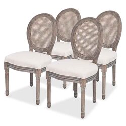 Concise Set of 4 Cream Linen Dining Chairs with Rattan Backrest