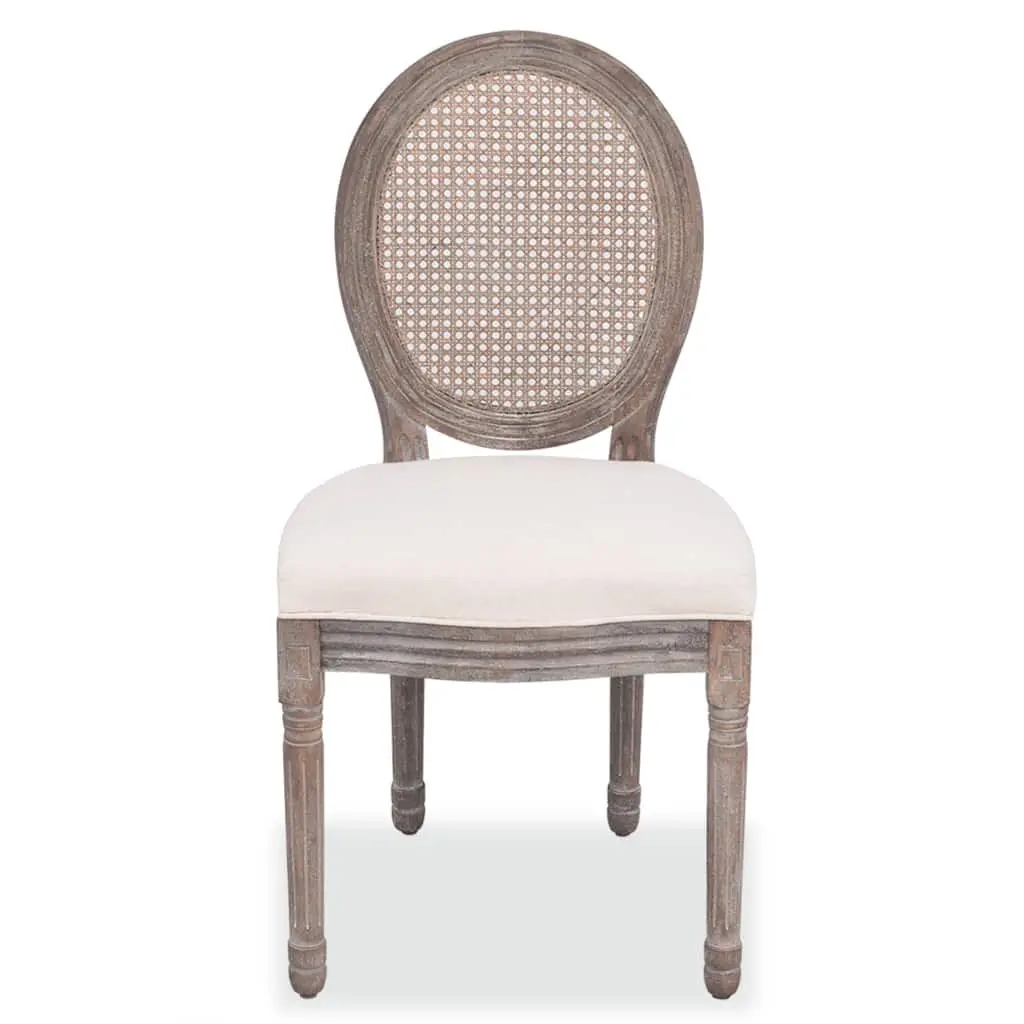 Dining Chairs Set 4 pcs Cream Linen Fabric Rattan Backrest Kitchen Room Seating